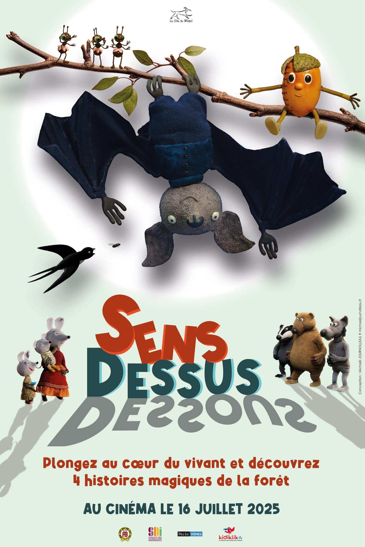 affiche du programme de films SEN DESSUS DESSOUS avce une chauve-souris pendus à un arbre et des animaux de la forêt.